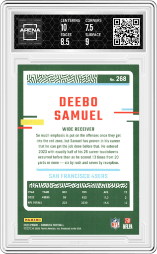 Deebo Samuel  from the 2023 Panini Donruss set graded by Arena Club and given an overall grade of 8.