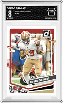 Deebo Samuel  from the 2023 Panini Donruss set graded by Arena Club and given an overall grade of 8.