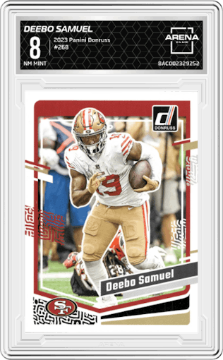Deebo Samuel  from the 2023 Panini Donruss set graded by Arena Club and given an overall grade of 8.