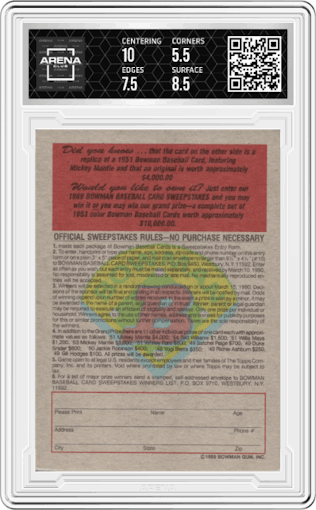 Mickey Mantle from the 1989 Bowman set graded by Arena Club and given an overall grade of 6.