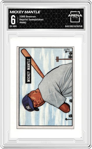 Mickey Mantle from the 1989 Bowman set graded by Arena Club and given an overall grade of 6.