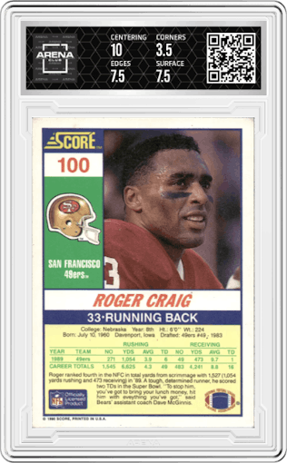 Roger Craig from the 1990 Score set graded by Arena Club and given an overall grade of 4.