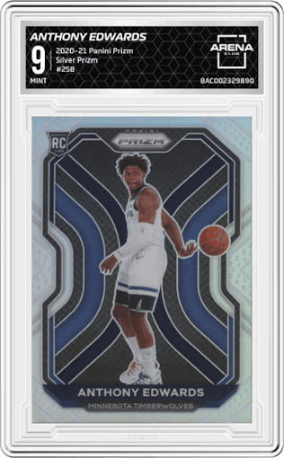 Anthony Edwards from the 2020-21 Panini Prizm set featuring a Silver Prizm parallel graded by Arena Club and given an overall grade of 9.