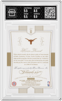 Kevin Durant from the 2015 Panini National Treasures College set featuring a Sapphire  parallel graded by Arena Club and given an overall grade of 9.