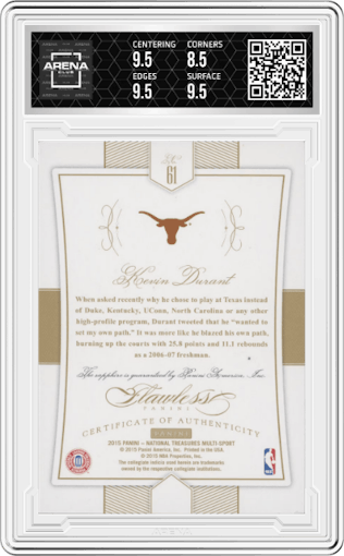 Kevin Durant from the 2015 Panini National Treasures College set featuring a Sapphire  parallel graded by Arena Club and given an overall grade of 9.
