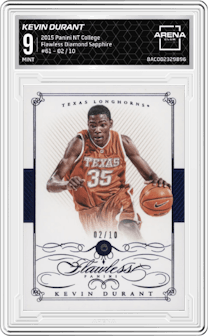 Kevin Durant from the 2015 Panini National Treasures College set featuring a Sapphire  parallel graded by Arena Club and given an overall grade of 9.
