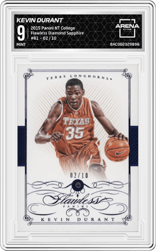 Kevin Durant from the 2015 Panini National Treasures College set featuring a Sapphire  parallel graded by Arena Club and given an overall grade of 9.