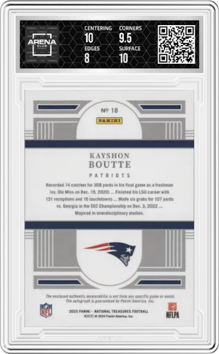 Kayshon Boutte from the 2023 Panini National Treasures set featuring a Numbers Green parallel graded by Arena Club and given an overall grade of 8.5.