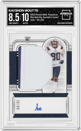 Kayshon Boutte from the 2023 Panini National Treasures set featuring a Numbers Green parallel graded by Arena Club and given an overall grade of 8.5.