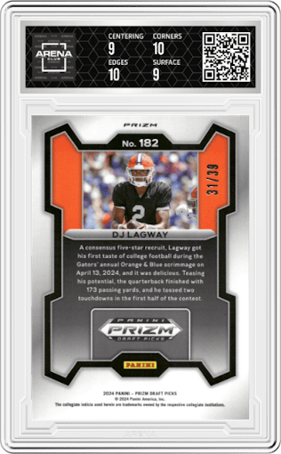 DJ Lagway from the 2024 Panini Prizm Draft Picks set featuring a Orange Finite parallel graded by Arena Club and given an overall grade of 9.5.