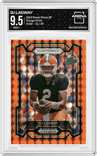 DJ Lagway from the 2024 Panini Prizm Draft Picks set featuring a Orange Finite parallel graded by Arena Club and given an overall grade of 9.5.