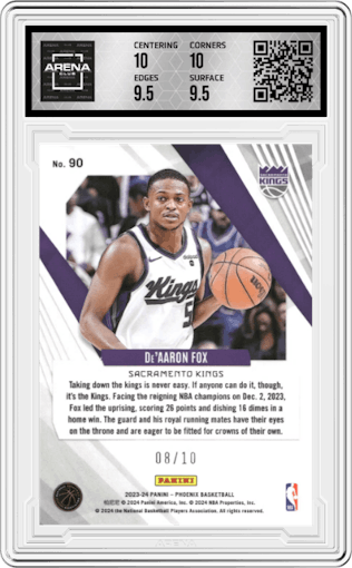 De’Aaron Fox from the 2023-24 Panini Phoenix set featuring a Gold parallel graded by Arena Club and given an overall grade of 10.