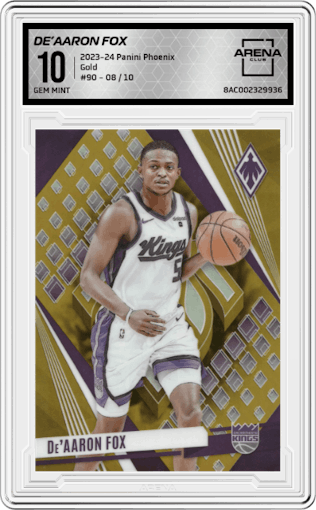 De’Aaron Fox from the 2023-24 Panini Phoenix set featuring a Gold parallel graded by Arena Club and given an overall grade of 10.