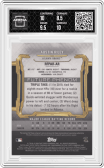 Austin Riley from the 2020 Topps Triple Threads set featuring a Amethyst parallel graded by Arena Club and given an overall grade of 9.