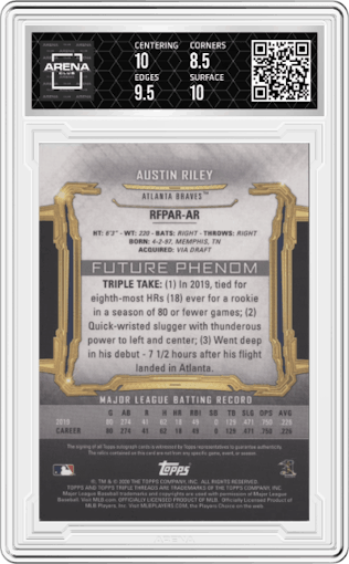 Austin Riley from the 2020 Topps Triple Threads set featuring a Amethyst parallel graded by Arena Club and given an overall grade of 9.