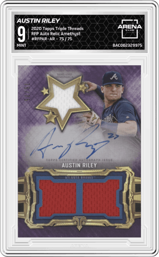 Austin Riley from the 2020 Topps Triple Threads set featuring a Amethyst parallel graded by Arena Club and given an overall grade of 9.