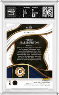 Tyrese Haliburton from the 2023-24 Panini Select  set featuring a Tiger parallel graded by Arena Club and given an overall grade of 9.