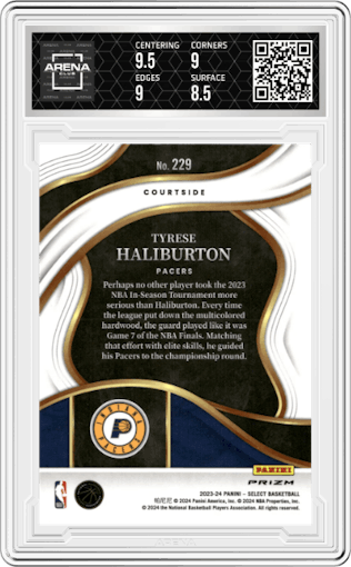 Tyrese Haliburton from the 2023-24 Panini Select  set featuring a Tiger parallel graded by Arena Club and given an overall grade of 9.