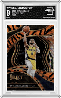 Tyrese Haliburton from the 2023-24 Panini Select  set featuring a Tiger parallel graded by Arena Club and given an overall grade of 9.