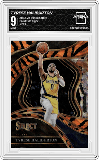 Tyrese Haliburton from the 2023-24 Panini Select  set featuring a Tiger parallel graded by Arena Club and given an overall grade of 9.