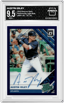 Austin Riley from the 2019 Panini Donruss Optic set featuring a Light Blue parallel graded by Arena Club and given an overall grade of 9.5.