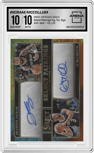 Brandon Ingram/CJ McCollum from the 2023-24 Panini Select  set featuring a Tie-Dye parallel graded by Arena Club and given an overall grade of 10.