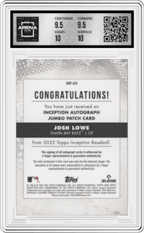 Josh Lowe from the 2022 Topps Inception set featuring a Orange parallel graded by Arena Club and given an overall grade of 10.
