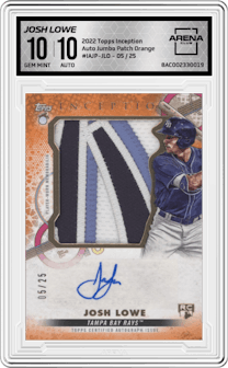 Josh Lowe from the 2022 Topps Inception set featuring a Orange parallel graded by Arena Club and given an overall grade of 10.