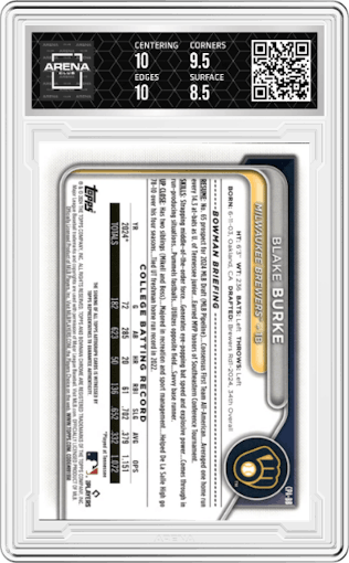 Blake Burke  from the 2024 Bowman Draft set featuring a Orange Wave Refractor parallel graded by Arena Club and given an overall grade of 9.