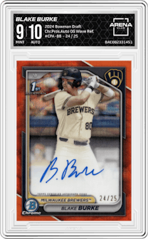 Blake Burke  from the 2024 Bowman Draft set featuring a Orange Wave Refractor parallel graded by Arena Club and given an overall grade of 9.