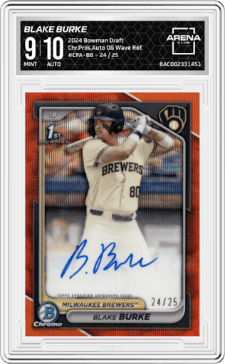 Blake Burke  from the 2024 Bowman Draft set featuring a Orange Wave Refractor parallel graded by Arena Club and given an overall grade of 9.