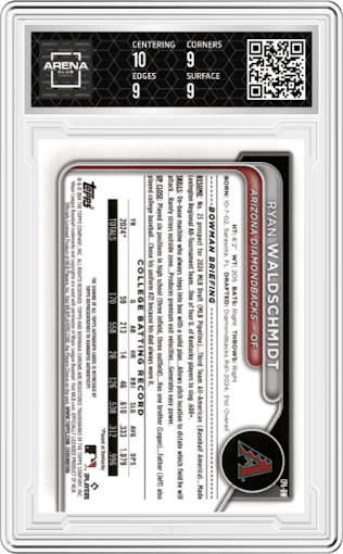 Ryan Waldschmidt from the 2024 Bowman Draft set featuring a Blue Refractor parallel graded by Arena Club and given an overall grade of 9.5.