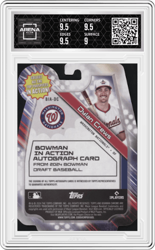 Dylan Crews from the 2024 Bowman Draft set featuring a Gold Mini Diamond Refractor parallel graded by Arena Club and given an overall grade of 9.5.