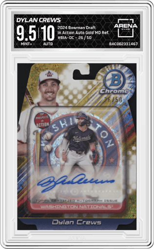 Dylan Crews from the 2024 Bowman Draft set featuring a Gold Mini Diamond Refractor parallel graded by Arena Club and given an overall grade of 9.5.