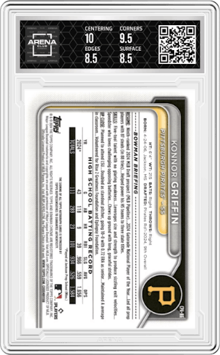 Konnor Griffin from the 2024 Bowman Draft Sapphire Edition set graded by Arena Club and given an overall grade of 9.