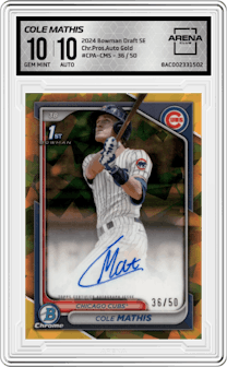 Cole Mathis from the 2024 Bowman Draft Sapphire Edition set featuring a Gold parallel graded by Arena Club and given an overall grade of 10.