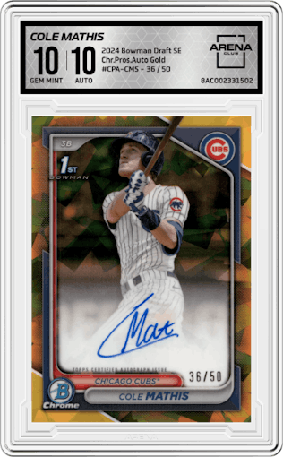 Cole Mathis from the 2024 Bowman Draft Sapphire Edition set featuring a Gold parallel graded by Arena Club and given an overall grade of 10.