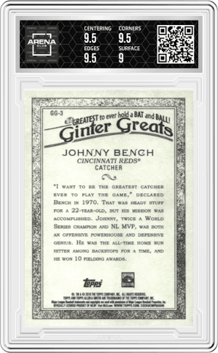 Johnny Bench from the 2024 Topps Archives Signature Series Baseball - Retired Edition set graded by Arena Club and given an overall grade of 9.5.