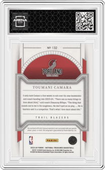 Toumani Camara from the 2023-24 Panini National Treasures set featuring a Orange parallel graded by Arena Club.