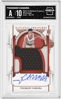 Toumani Camara from the 2023-24 Panini National Treasures set featuring a Orange parallel graded by Arena Club.