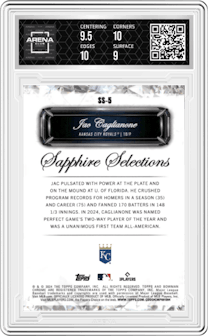 Jac Caglianone from the 2024 Bowman Draft Sapphire Edition set graded by Arena Club and given an overall grade of 9.5.