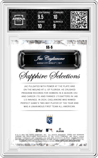 Jac Caglianone from the 2024 Bowman Draft Sapphire Edition set graded by Arena Club and given an overall grade of 9.5.