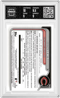 Tyson Lewis from the 2024 Bowman Draft Sapphire set featuring a Green parallel graded by Arena Club and given an overall grade of 9.5.