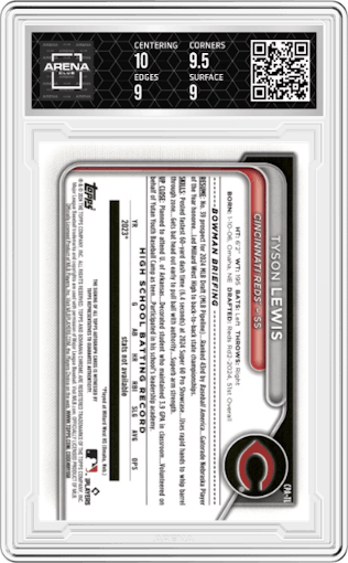 Tyson Lewis from the 2024 Bowman Draft Sapphire set featuring a Green parallel graded by Arena Club and given an overall grade of 9.5.