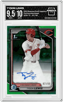 Tyson Lewis from the 2024 Bowman Draft Sapphire set featuring a Green parallel graded by Arena Club and given an overall grade of 9.5.