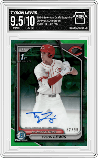 Tyson Lewis from the 2024 Bowman Draft Sapphire set featuring a Green parallel graded by Arena Club and given an overall grade of 9.5.