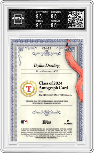 Dylan Dreiling from the 2024 Bowman Draft set graded by Arena Club and given an overall grade of 9.5.