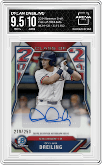 Dylan Dreiling from the 2024 Bowman Draft set graded by Arena Club and given an overall grade of 9.5.