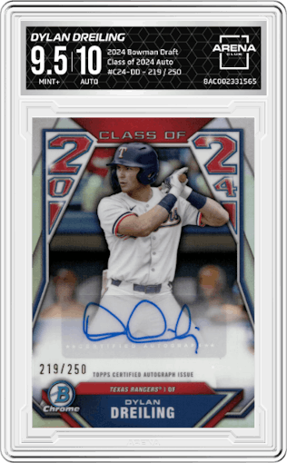 Dylan Dreiling from the 2024 Bowman Draft set graded by Arena Club and given an overall grade of 9.5.