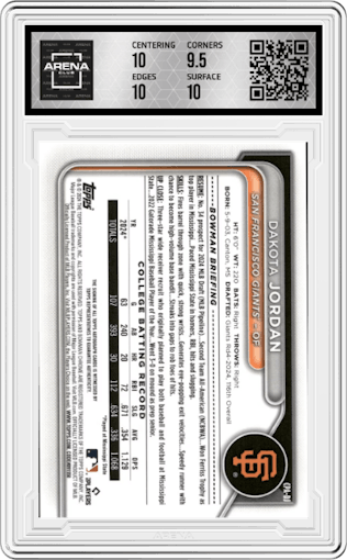 Dakota Jordan from the 2024 Bowman Draft set featuring a Aqua Lava Refractor   parallel graded by Arena Club and given an overall grade of 10.